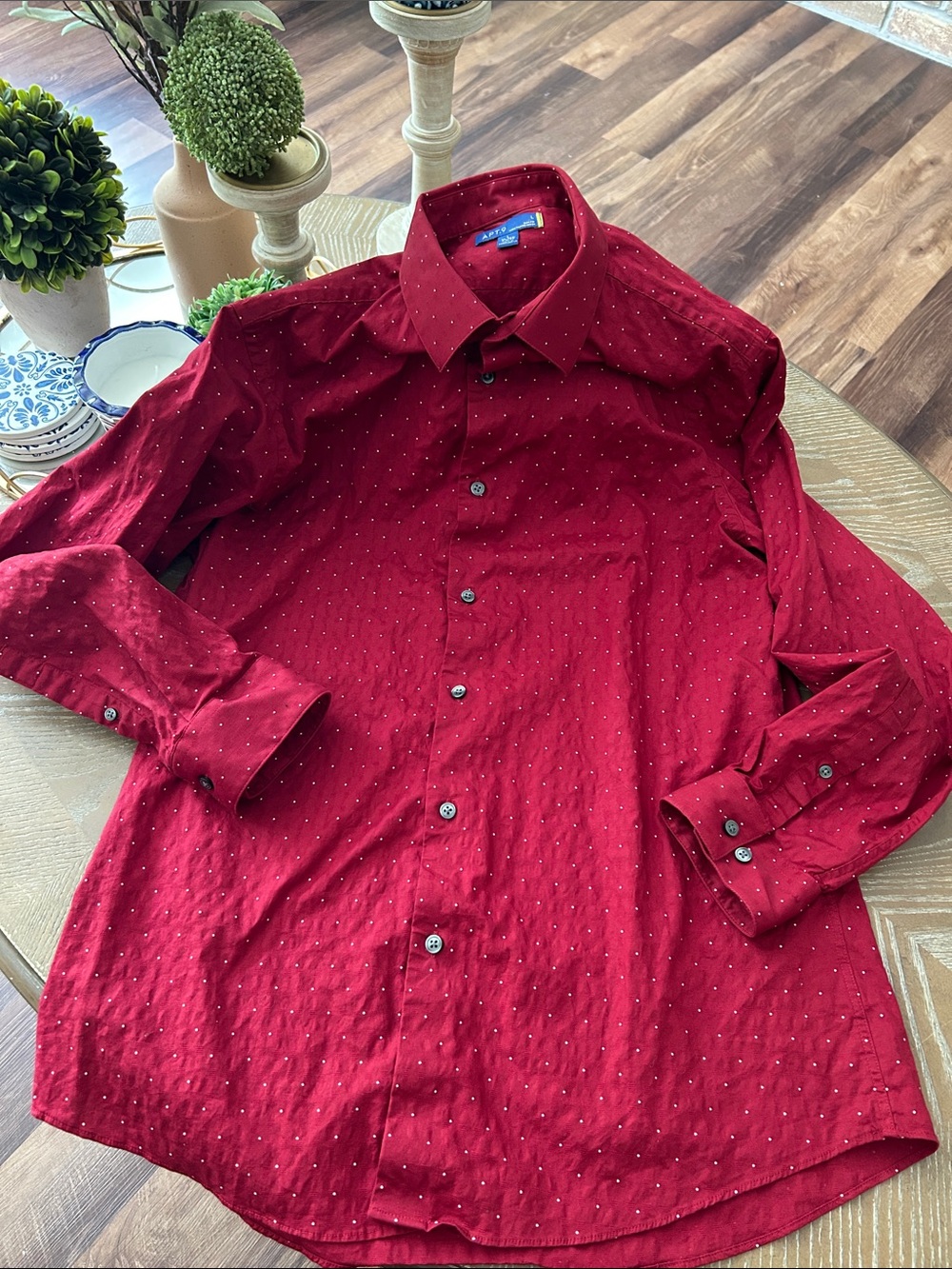 Men's Red Long-Sleeve Button-Up Shirt with Micro Dot Pattern Large